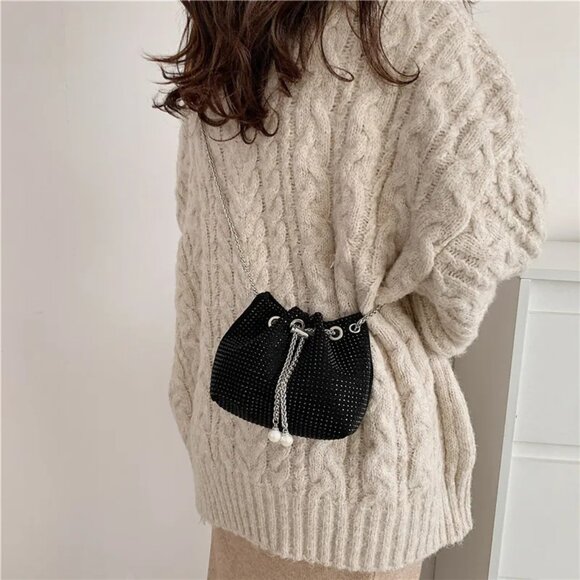 2/$30 Black Sequin Leather Bucket Bag Pearl Chain Crossbody Shoulder Tassel - Picture 5 of 6